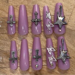 Purple Stiletto Nail Tips with Silver Charms